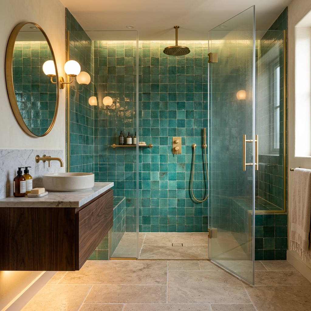 Zellige tile shower with brass fixtures