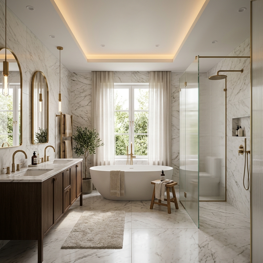 Luxury bathroom interior with premium marble tiling